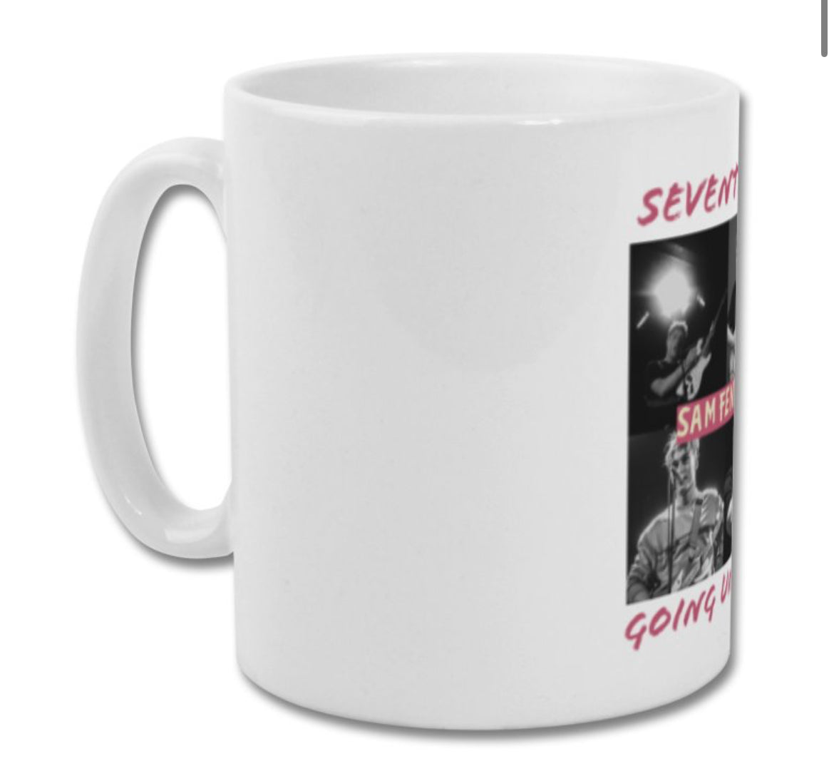Sam fender mug seventeen going under pink text