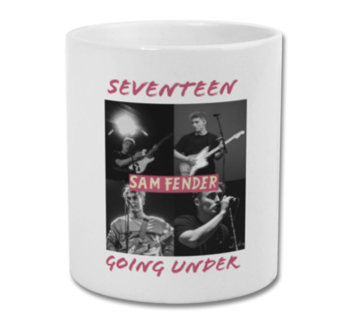 Sam fender mug seventeen going under pink text