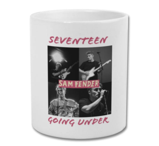 Sam fender mug seventeen going under pink text