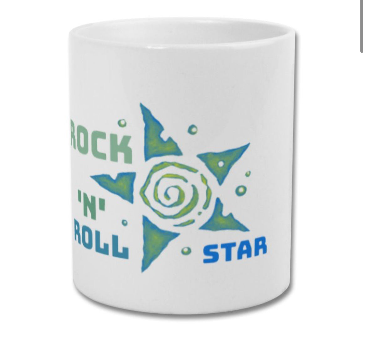Oasis mug rock n roll star blue and green